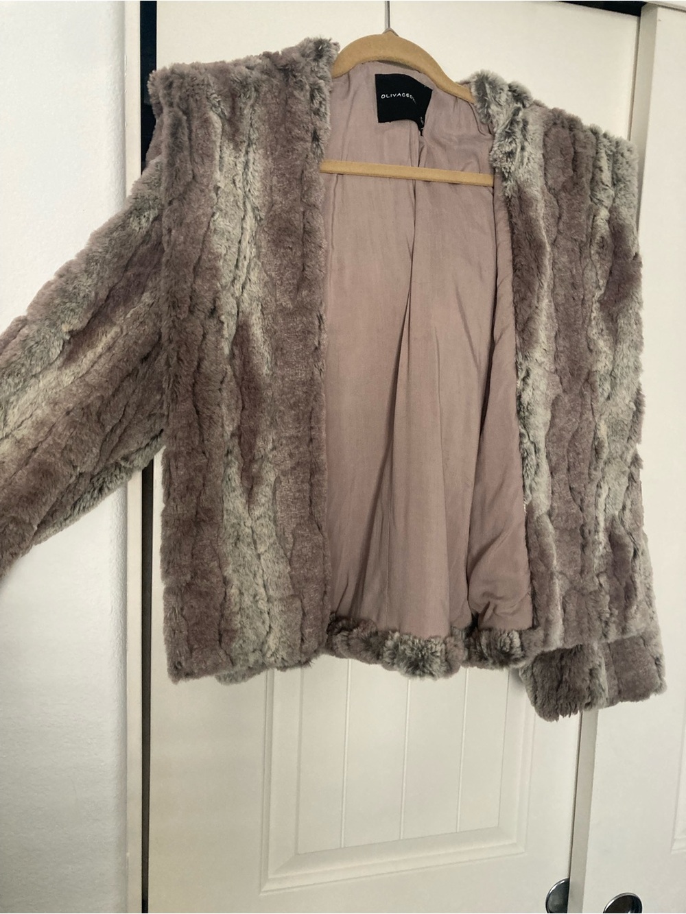 Olivaceous Taupe Gray Faux Fur Hooded Jacket Coat Size S